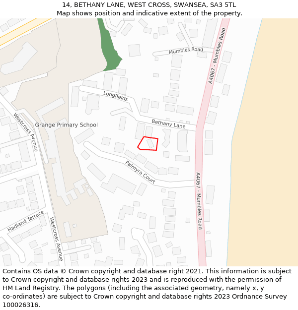 14, BETHANY LANE, WEST CROSS, SWANSEA, SA3 5TL: Location map and indicative extent of plot