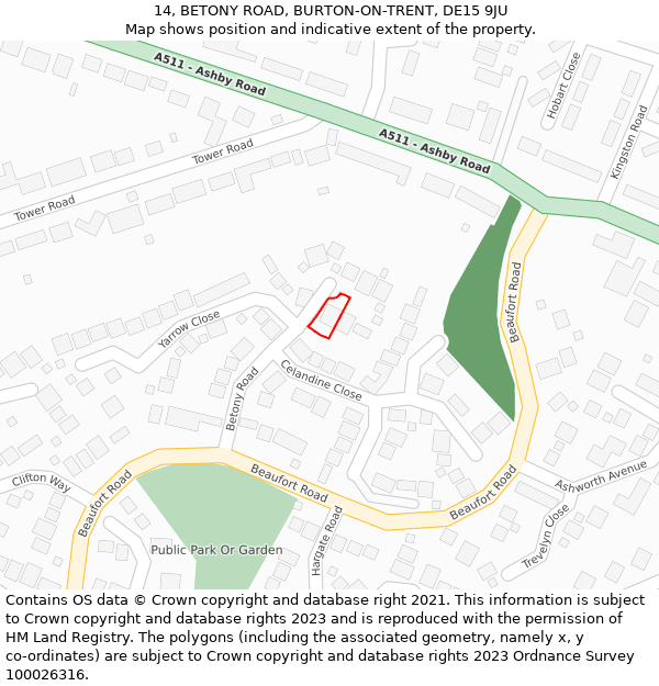 14, BETONY ROAD, BURTON-ON-TRENT, DE15 9JU: Location map and indicative extent of plot
