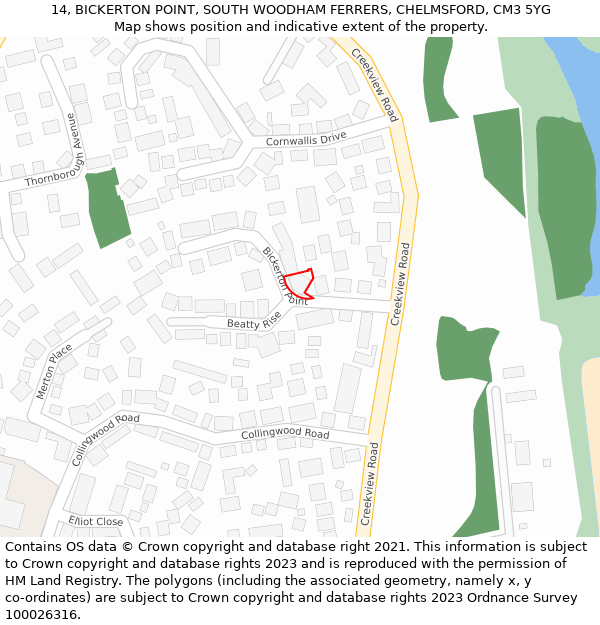 14, BICKERTON POINT, SOUTH WOODHAM FERRERS, CHELMSFORD, CM3 5YG: Location map and indicative extent of plot