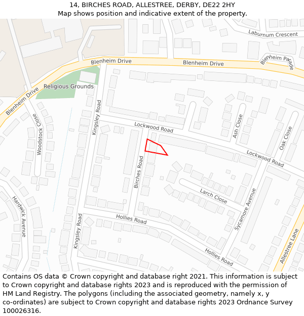 14, BIRCHES ROAD, ALLESTREE, DERBY, DE22 2HY: Location map and indicative extent of plot