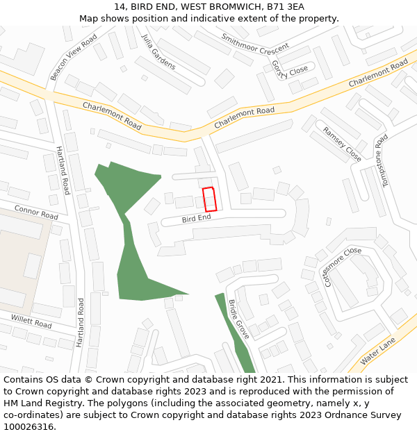 14, BIRD END, WEST BROMWICH, B71 3EA: Location map and indicative extent of plot
