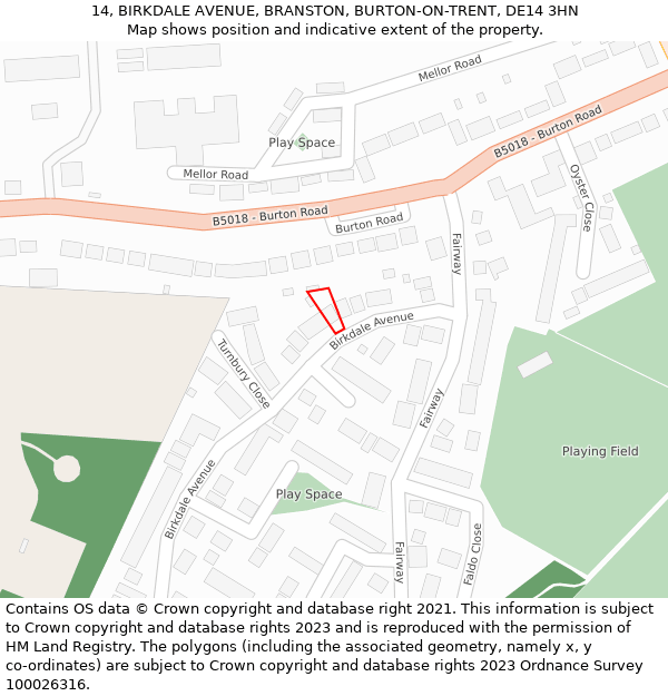 14, BIRKDALE AVENUE, BRANSTON, BURTON-ON-TRENT, DE14 3HN: Location map and indicative extent of plot