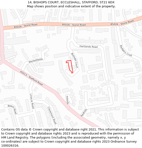 14, BISHOPS COURT, ECCLESHALL, STAFFORD, ST21 6DX: Location map and indicative extent of plot