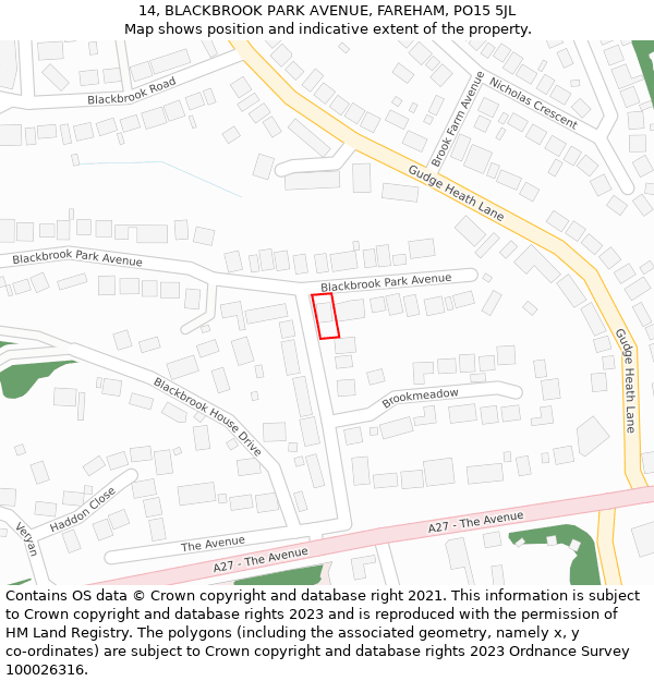 14, BLACKBROOK PARK AVENUE, FAREHAM, PO15 5JL: Location map and indicative extent of plot