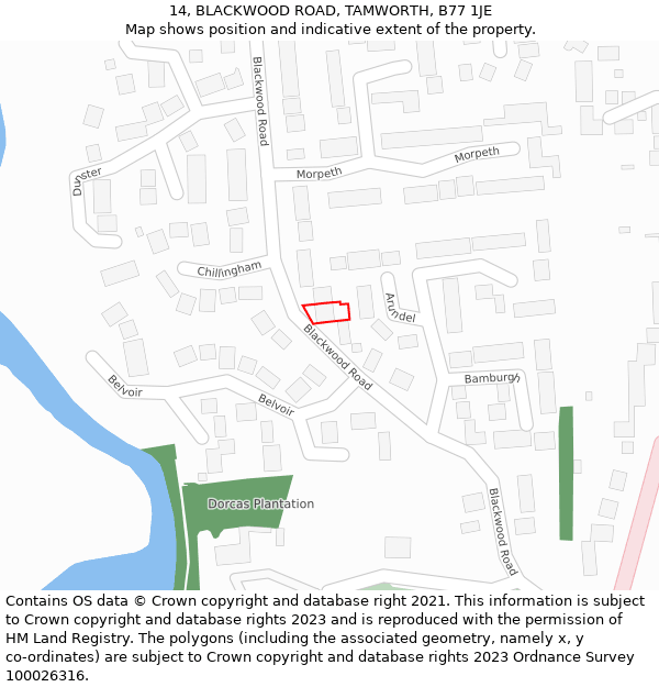 14, BLACKWOOD ROAD, TAMWORTH, B77 1JE: Location map and indicative extent of plot