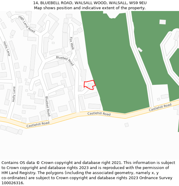 14, BLUEBELL ROAD, WALSALL WOOD, WALSALL, WS9 9EU: Location map and indicative extent of plot