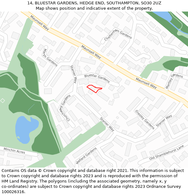 14, BLUESTAR GARDENS, HEDGE END, SOUTHAMPTON, SO30 2UZ: Location map and indicative extent of plot