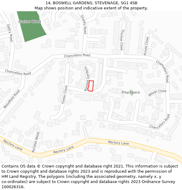 14, BOSWELL GARDENS, STEVENAGE, SG1 4SB: Location map and indicative extent of plot