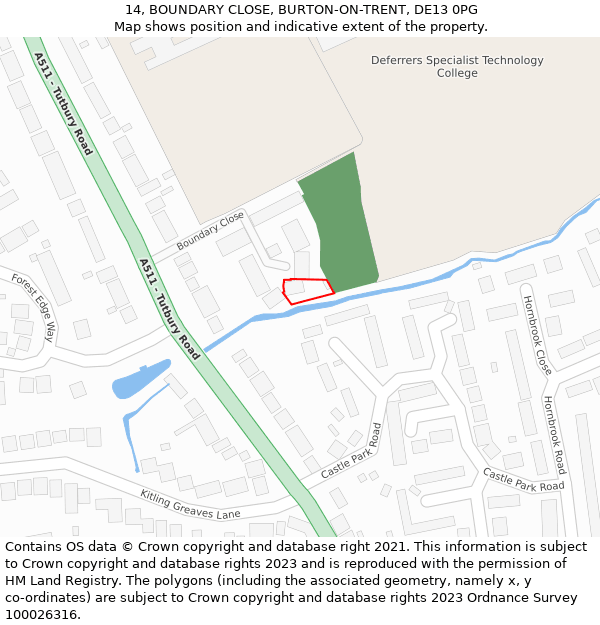 14, BOUNDARY CLOSE, BURTON-ON-TRENT, DE13 0PG: Location map and indicative extent of plot