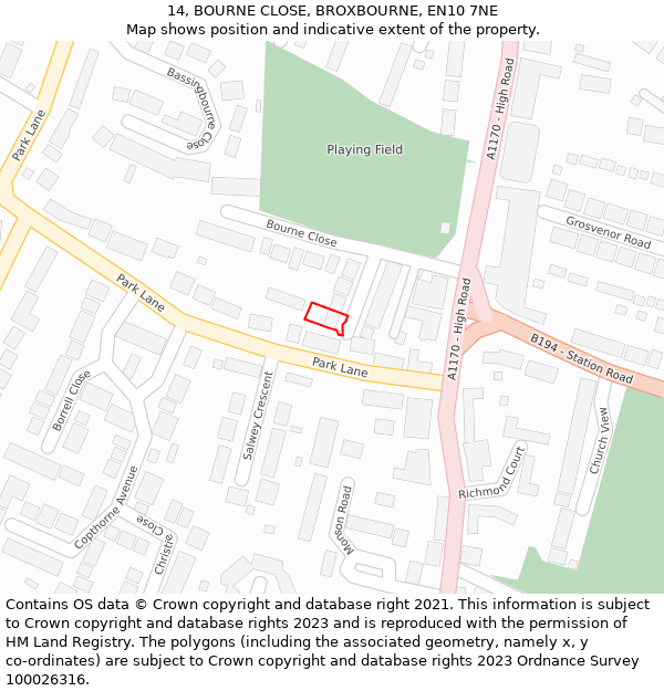 14, BOURNE CLOSE, BROXBOURNE, EN10 7NE: Location map and indicative extent of plot