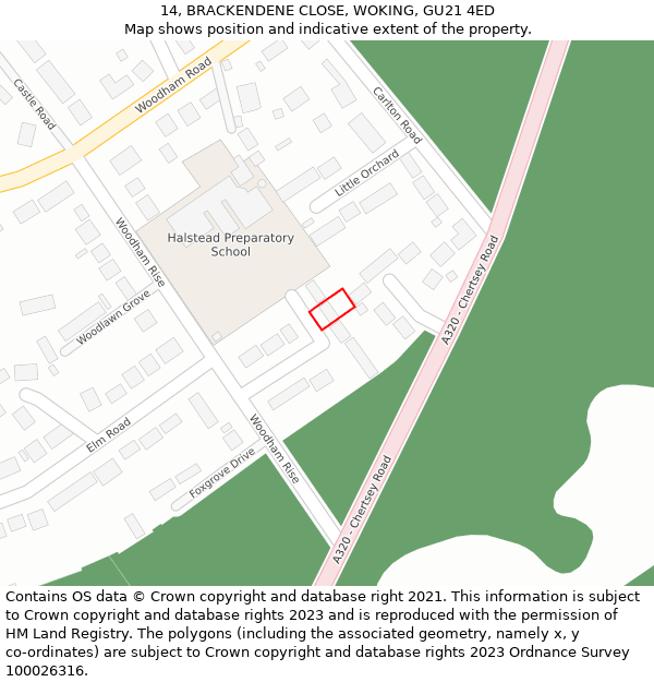 14, BRACKENDENE CLOSE, WOKING, GU21 4ED: Location map and indicative extent of plot