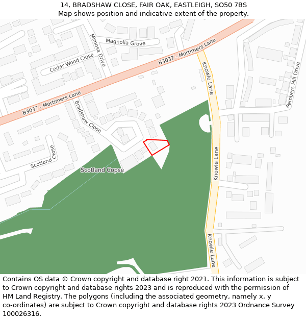 14, BRADSHAW CLOSE, FAIR OAK, EASTLEIGH, SO50 7BS: Location map and indicative extent of plot