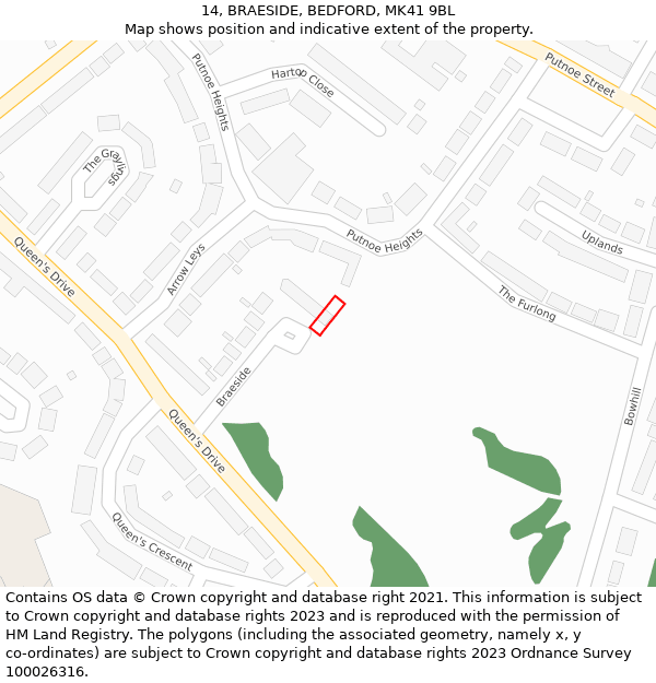 14, BRAESIDE, BEDFORD, MK41 9BL: Location map and indicative extent of plot