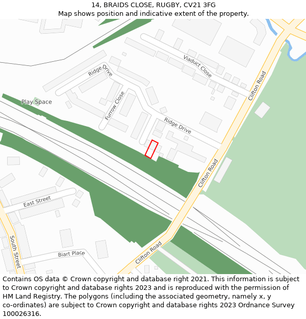 14, BRAIDS CLOSE, RUGBY, CV21 3FG: Location map and indicative extent of plot