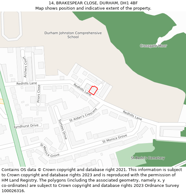 14, BRAKESPEAR CLOSE, DURHAM, DH1 4BF: Location map and indicative extent of plot