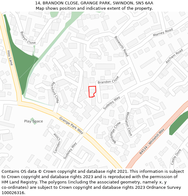 14, BRANDON CLOSE, GRANGE PARK, SWINDON, SN5 6AA: Location map and indicative extent of plot