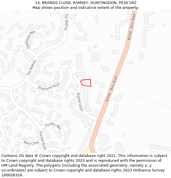 14, BRANDS CLOSE, RAMSEY, HUNTINGDON, PE26 1RZ: Location map and indicative extent of plot