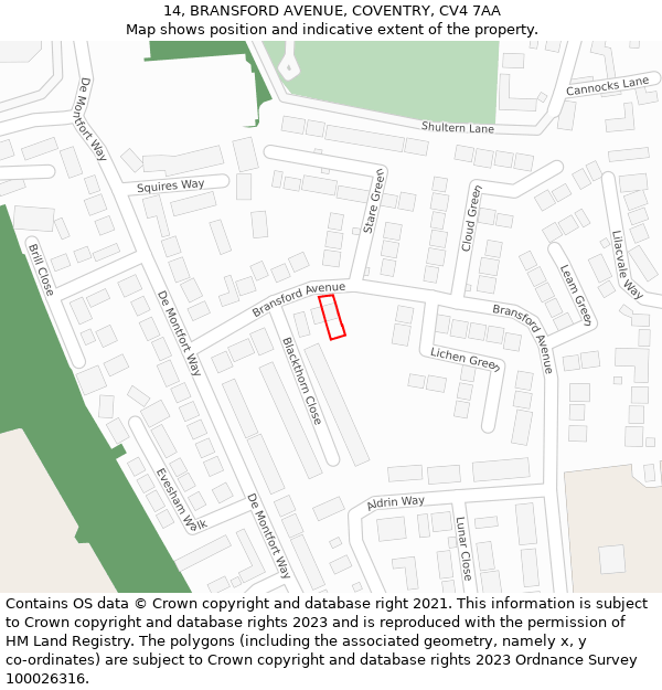 14, BRANSFORD AVENUE, COVENTRY, CV4 7AA: Location map and indicative extent of plot