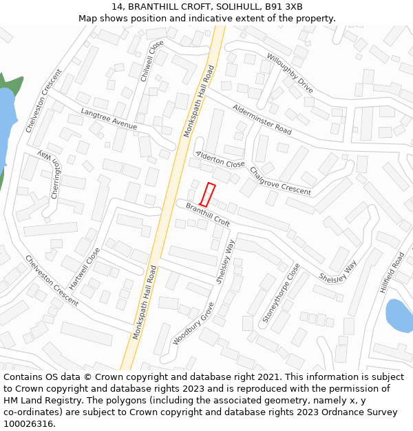 14, BRANTHILL CROFT, SOLIHULL, B91 3XB: Location map and indicative extent of plot