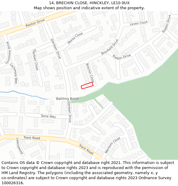 14, BRECHIN CLOSE, HINCKLEY, LE10 0UX: Location map and indicative extent of plot