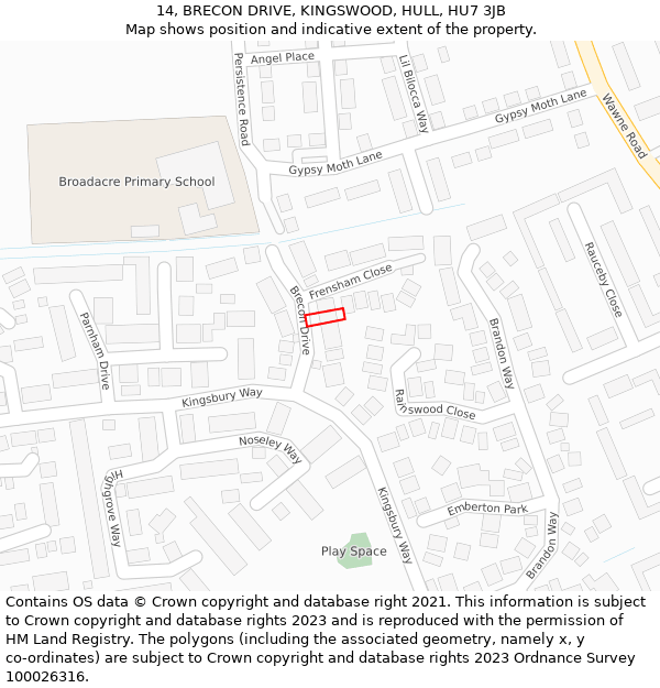 14, BRECON DRIVE, KINGSWOOD, HULL, HU7 3JB: Location map and indicative extent of plot