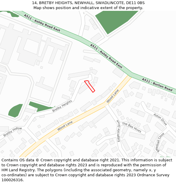 14, BRETBY HEIGHTS, NEWHALL, SWADLINCOTE, DE11 0BS: Location map and indicative extent of plot