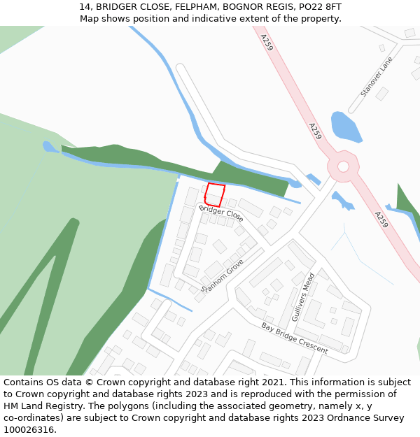 14, BRIDGER CLOSE, FELPHAM, BOGNOR REGIS, PO22 8FT: Location map and indicative extent of plot