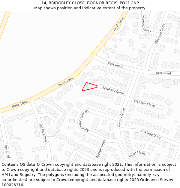 14, BRIDORLEY CLOSE, BOGNOR REGIS, PO21 3NP: Location map and indicative extent of plot