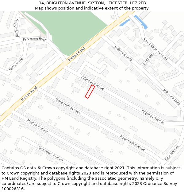 14, BRIGHTON AVENUE, SYSTON, LEICESTER, LE7 2EB: Location map and indicative extent of plot