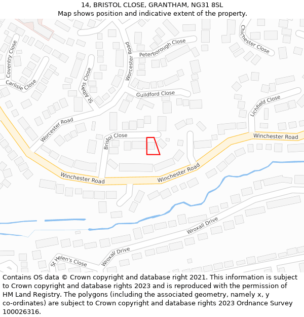 14, BRISTOL CLOSE, GRANTHAM, NG31 8SL: Location map and indicative extent of plot