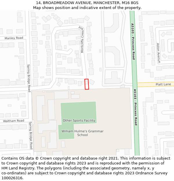 14, BROADMEADOW AVENUE, MANCHESTER, M16 8GS: Location map and indicative extent of plot