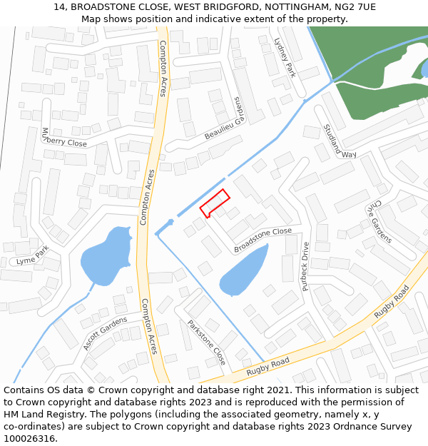 14, BROADSTONE CLOSE, WEST BRIDGFORD, NOTTINGHAM, NG2 7UE: Location map and indicative extent of plot