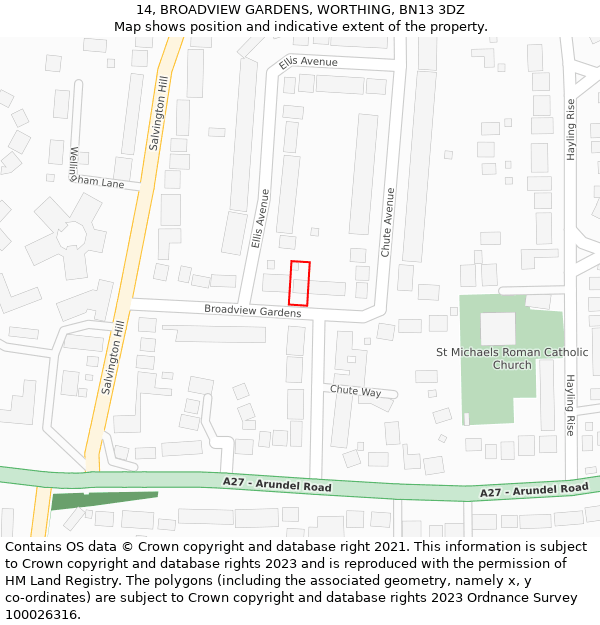 14, BROADVIEW GARDENS, WORTHING, BN13 3DZ: Location map and indicative extent of plot