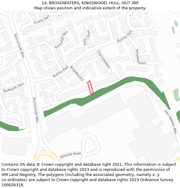 14, BROADWATERS, KINGSWOOD, HULL, HU7 3NF: Location map and indicative extent of plot