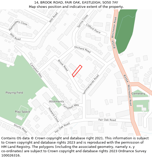 14, BROOK ROAD, FAIR OAK, EASTLEIGH, SO50 7AY: Location map and indicative extent of plot