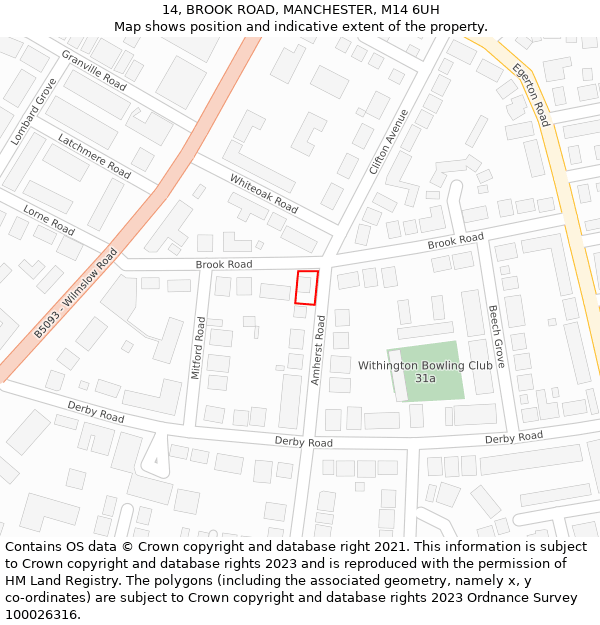 14, BROOK ROAD, MANCHESTER, M14 6UH: Location map and indicative extent of plot