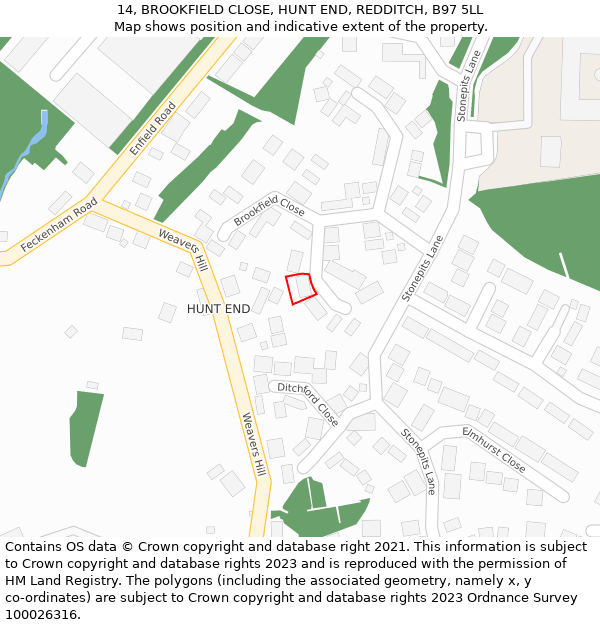 14, BROOKFIELD CLOSE, HUNT END, REDDITCH, B97 5LL: Location map and indicative extent of plot