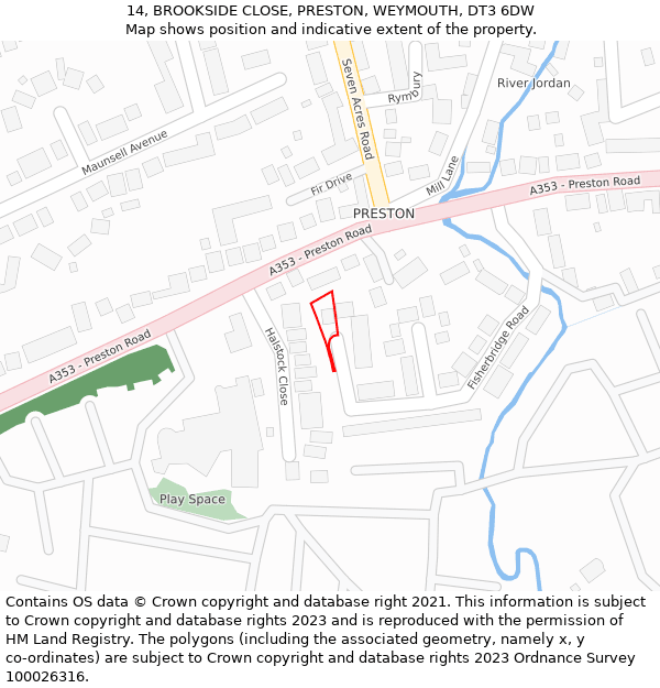 14, BROOKSIDE CLOSE, PRESTON, WEYMOUTH, DT3 6DW: Location map and indicative extent of plot