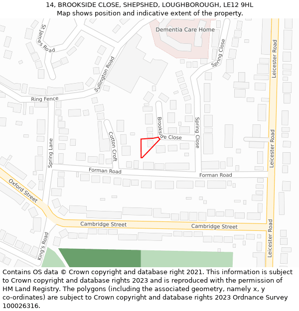 14, BROOKSIDE CLOSE, SHEPSHED, LOUGHBOROUGH, LE12 9HL: Location map and indicative extent of plot