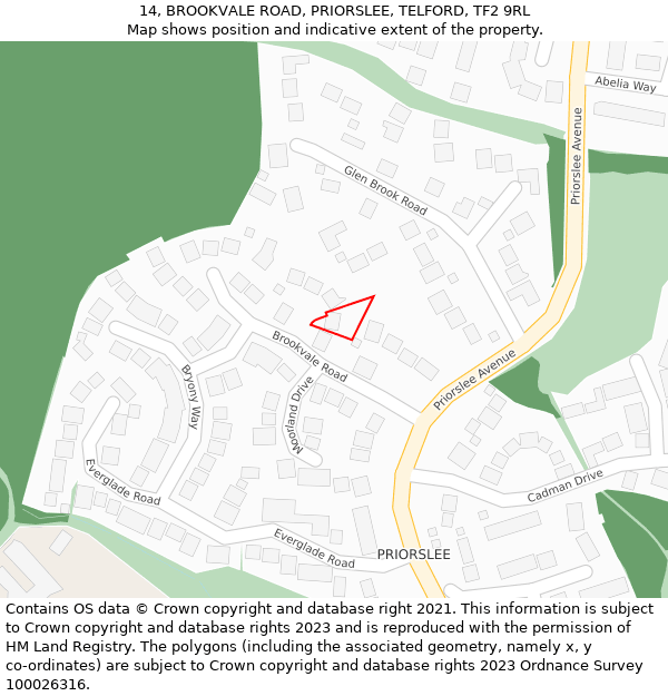 14, BROOKVALE ROAD, PRIORSLEE, TELFORD, TF2 9RL: Location map and indicative extent of plot