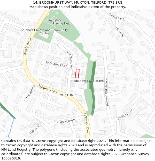 14, BROOMHURST WAY, MUXTON, TELFORD, TF2 8RG: Location map and indicative extent of plot