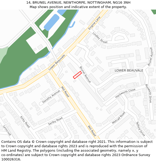 14, BRUNEL AVENUE, NEWTHORPE, NOTTINGHAM, NG16 3NH: Location map and indicative extent of plot