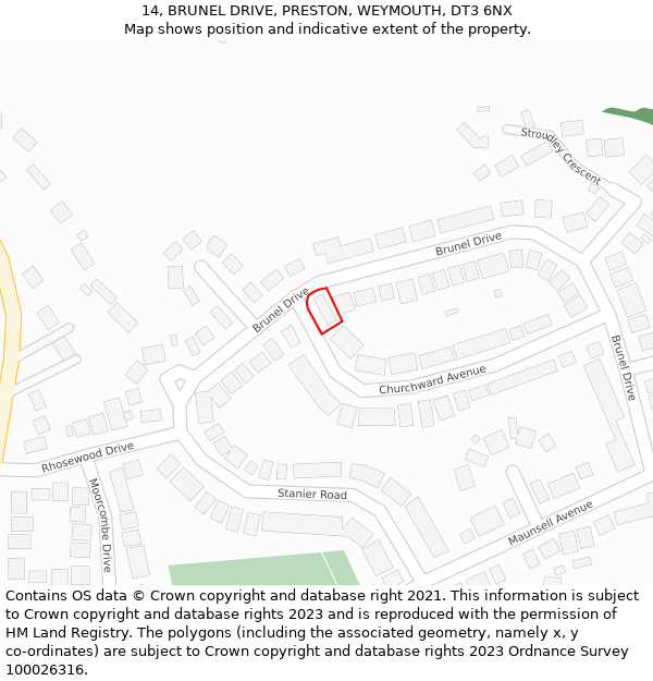 14, BRUNEL DRIVE, PRESTON, WEYMOUTH, DT3 6NX: Location map and indicative extent of plot