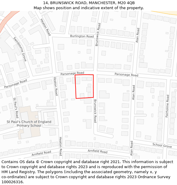 14, BRUNSWICK ROAD, MANCHESTER, M20 4QB: Location map and indicative extent of plot