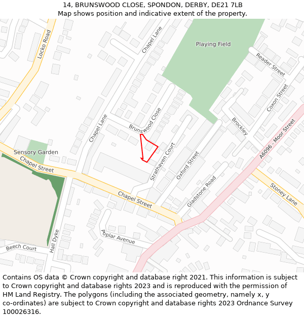14, BRUNSWOOD CLOSE, SPONDON, DERBY, DE21 7LB: Location map and indicative extent of plot