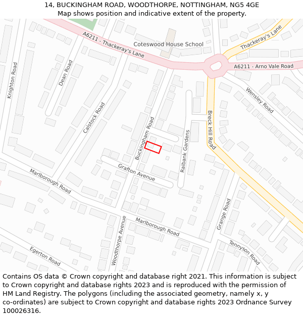 14, BUCKINGHAM ROAD, WOODTHORPE, NOTTINGHAM, NG5 4GE: Location map and indicative extent of plot