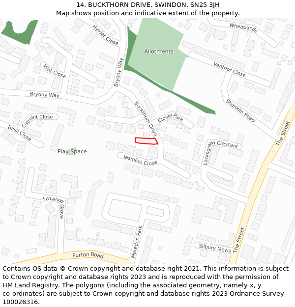 14, BUCKTHORN DRIVE, SWINDON, SN25 3JH: Location map and indicative extent of plot