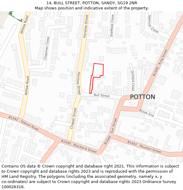 14, BULL STREET, POTTON, SANDY, SG19 2NR: Location map and indicative extent of plot