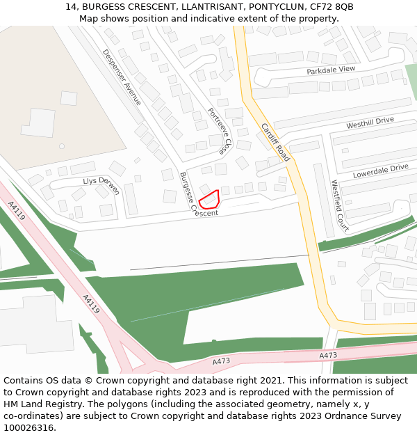 14, BURGESS CRESCENT, LLANTRISANT, PONTYCLUN, CF72 8QB: Location map and indicative extent of plot