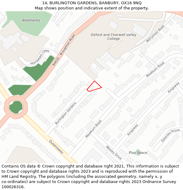 14, BURLINGTON GARDENS, BANBURY, OX16 9NQ: Location map and indicative extent of plot